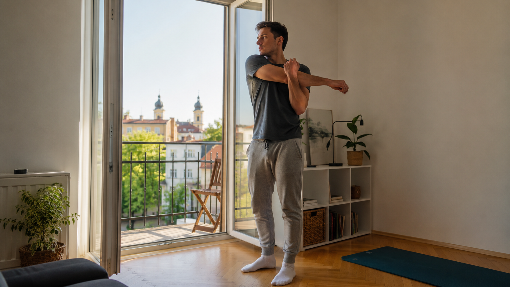 Reggeli nyújtás napfényes szobában